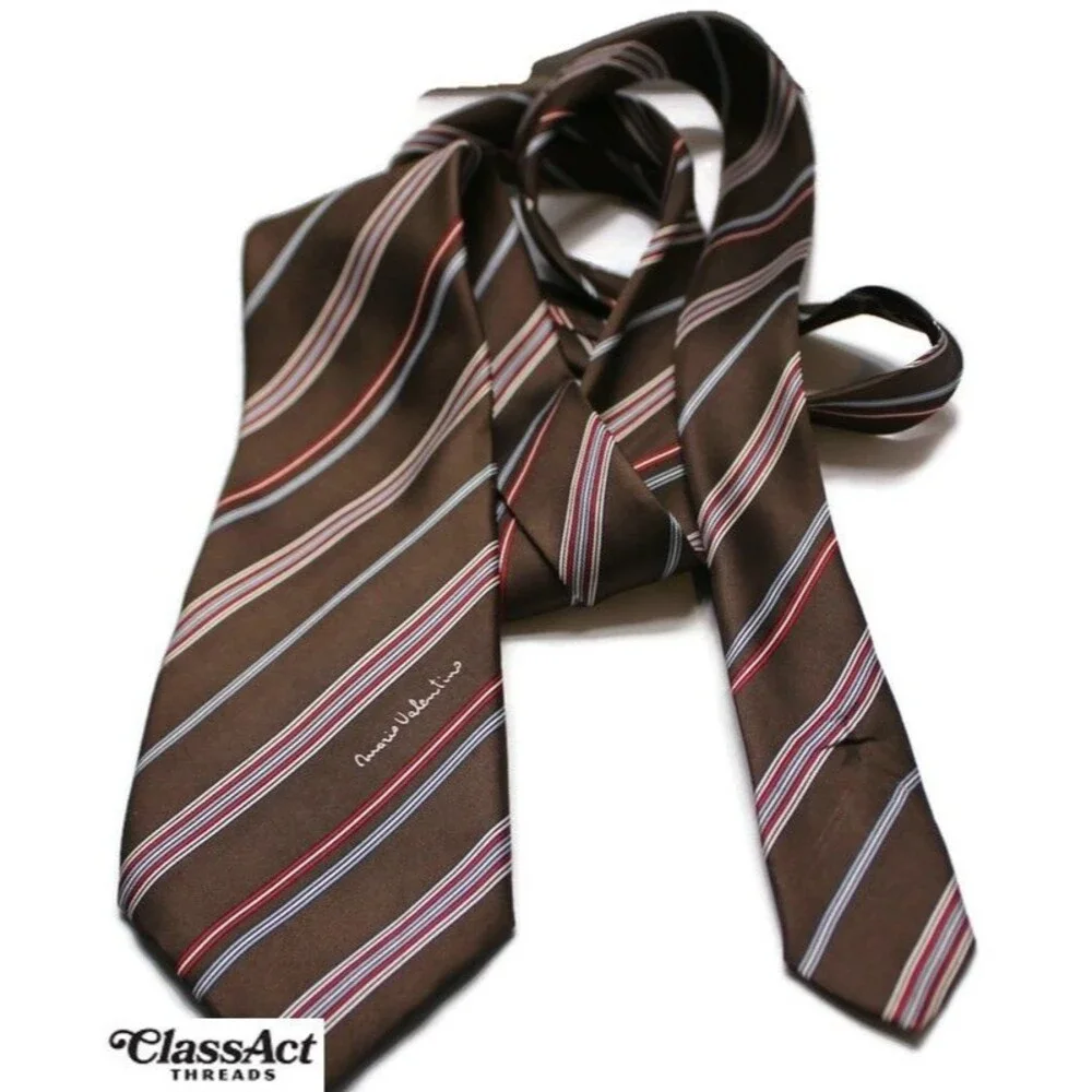 Vintage Mario Valentino Brown Striped Italy Silk Designer Tie 3